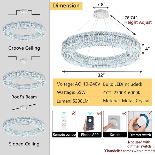 Modern Crystal Chandeliers for Living Room Dimmable LED Pendant Lighting for Dining Room Ring Handing Light Fixture for Bedroom Foyer Silver3