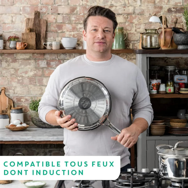 X Jamie Oliver Nonstick Coated Stainless Steel Pans 8", 9.5" & 11", Frypan Set Induction Compatible, Oven Safe up to 500°F, Chef'S Stainless Steel Skillet, Frying Pan, Silver | 3 Frying Pans 7.9/9.4/11 Inch, Titanium Non-Stick Coating, Suitable for Induction, Thermo-Signal, Riveted Handle6
