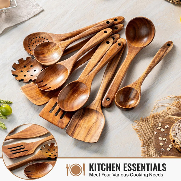 10 Pcs Wooden Spoons for Cooking, Natural Teak Wooden Kitchen Utensils Set, Durable Cooking Utensils Set with Comfort Grip for Cookware, Smooth Finish&Nonstick& Heat Resistant Wooden Spatula3