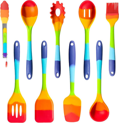 9-Piece Rainbow Silicone Spatula Set with Tongs – Multicolor Heat-Resistant Cooking Utensils for Nonstick Cookware – Flexible Turner, Spoon, Spatula, Brush, FDA Safe1
