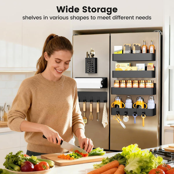 Magnetic Spice Rack for Refrigerator,7 Pack Magnetic Shelf,Fridge Magnet Organizer with Paper Towel Holder,Utensils Racks,Hook Rack,Fridge Organizers and Storage Black(7 Pack)7
