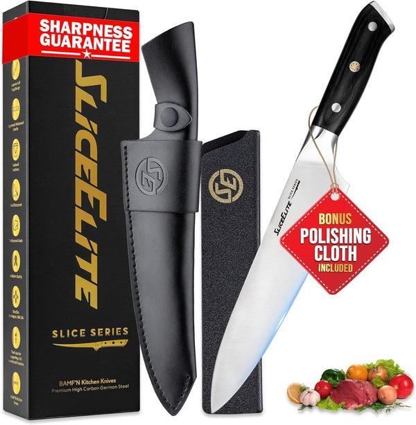 Slice Series 8 Inch Chef Knife, Pakkawood, Leather Sheath1
