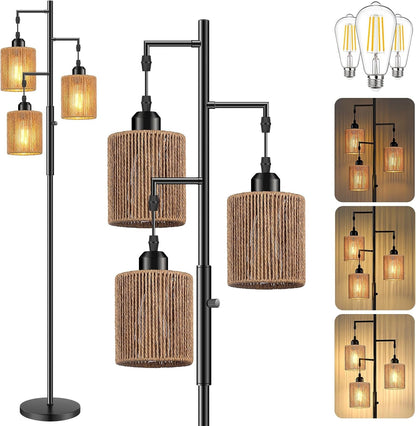 72" Boho Rattan Tree Floor Lamp, Tall Dimmable Industrial Standing Lamp, Corner Decor Accent Lighting for Living Room, Bedroom, Dining Room, Nursery, Cafe (3 X 800LM Bulbs Included) - Black9