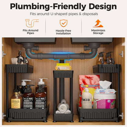 3-Pack 2-Tier L-Shaped under Sink Organizers with Sliding Drawers3