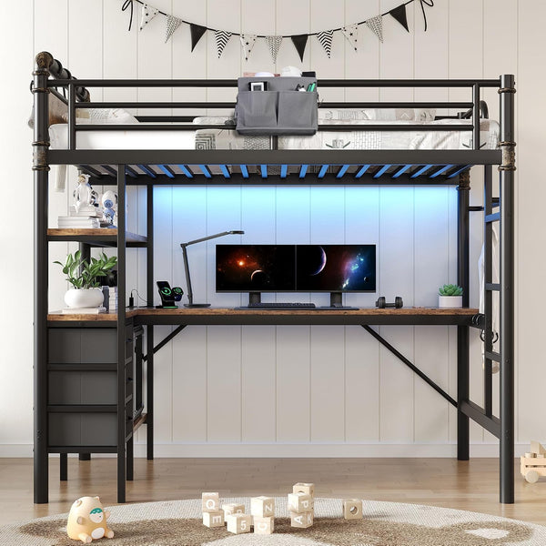 Twin Size Loft Bed with L-Shaped Desk, LED Lights,Charging Station, Industrial Heavy Duty Metal Loft Bed Frame with 3 Storage Shelves and 3 Fabric Drawers, Safety Guard & Ladder, Vintage Brown8