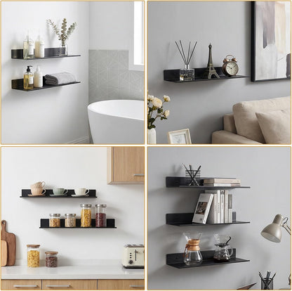3 Pcs Black Metal Wall Shelf Set, 15.7" Adhesive Rectangular Floating Wall Shelves, Rustproof Waterproof for Bathroom Living Room Kitchen, Rust4