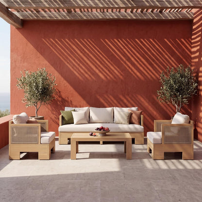 Mason 4 Piece Patio Furniture Set with 3-Seater Sofa, Club Chairs and Coffee Table, 5 Seater Outdoor Acacia Wood Conversation Set, Patio Sofa Set, Light Teak+Light Brown+Beige4