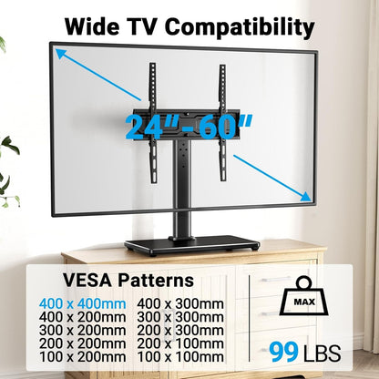 Universal Swivel TV Stand for 24-60 Inch Tvs up to 99 Lbs, 12 Height Adjustable Table Top TV Stand, TV Base Stand with Tempered Glass Base, Max VESA 400X400Mm, PSTVS332