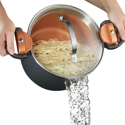 5 Quart Stock Pot Multipurpose Pasta Pot with Strainer Lid & Twist and Lock Handles, Nonstick Ceramic Surface Makes for Effortless Cleanup with Tempered Glass Lid, Dishwasher Safe | Twist and Lock Handles, Non Toxic Ceramic Non Stick Coating, for Cooking Soup, Spaghetti, Rice, Dishwasher Safe - Copper1