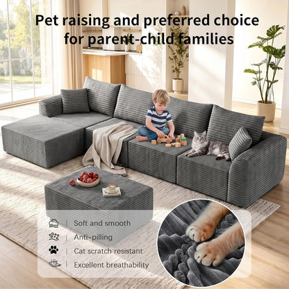 130" Boneless Sectional Couch, Modular Cloud Corduroy Sofa, No Assembly6