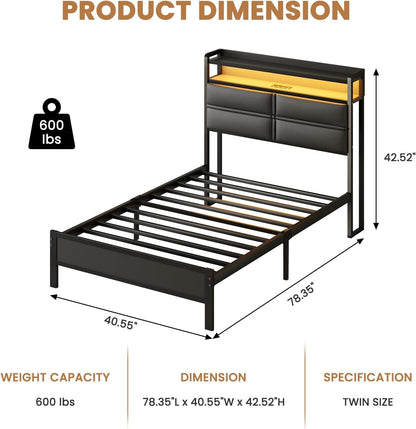 Twin Size Bed Frame with LED Lights and Charging Station, Black2