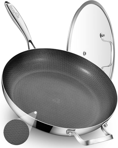 13 Inch Nonstick Ceramic Nonstick Hybrid Frying Pan with Lid | Large Tri-Ply Stainless Steel Skillet | PFOA Free | Oven & Dishwasher Safe for All Stoves | Detachable Handle| 3-6 Servings1