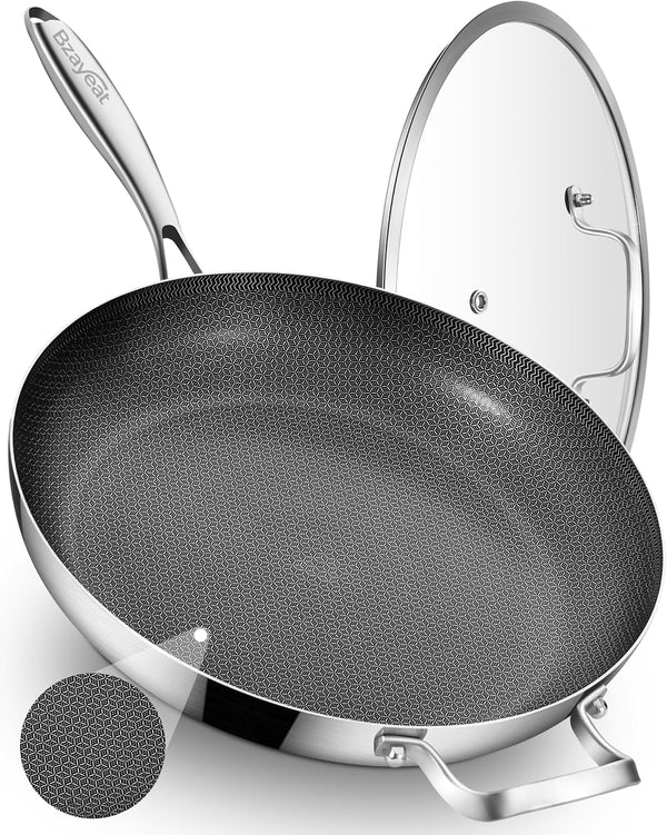 13 Inch Nonstick Ceramic Nonstick Hybrid Frying Pan with Lid | Large Tri-Ply Stainless Steel Skillet | PFOA Free | Oven & Dishwasher Safe for All Stoves | Detachable Handle| 3-6 Servings1