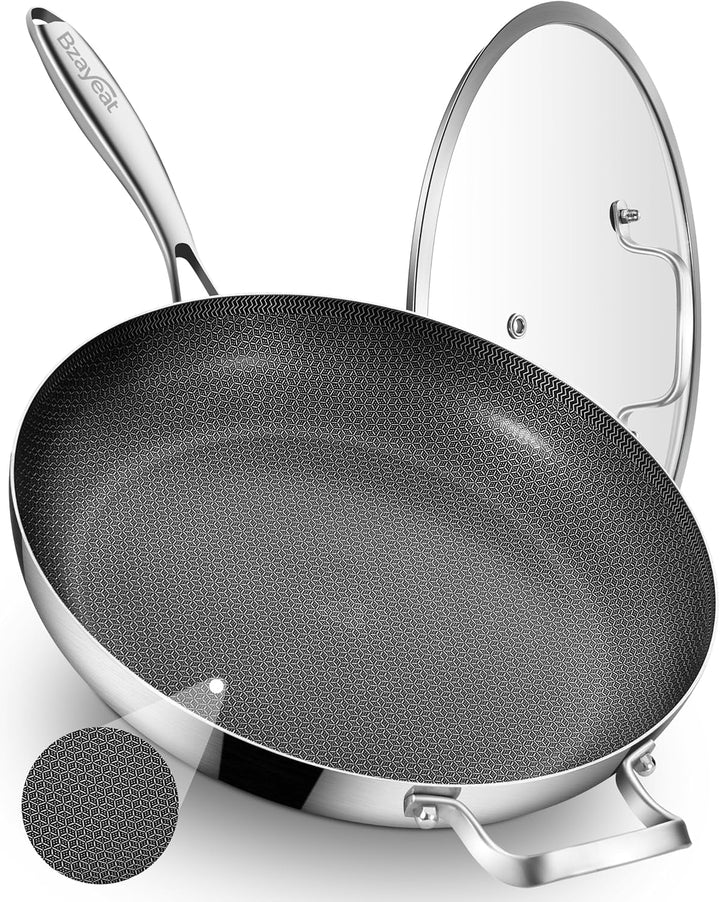 13 Inch Nonstick Ceramic Nonstick Hybrid Frying Pan with Lid | Large Tri-Ply Stainless Steel Skillet | PFOA Free | Oven & Dishwasher Safe for All Stoves | Detachable Handle| 3-6 Servings
