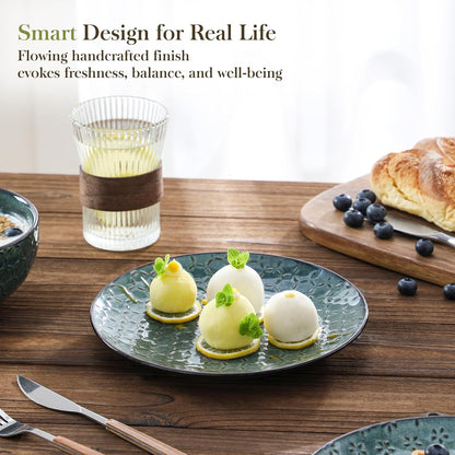 12 Pieces Dinnerware Sets, Farmhouse Plates and Bowls Sets, Embossed Green Dish Set for 4, Vintage Relief Ceramic Dish Set, Chip-Resistant, Microwave and Dishwasher Safe, Series LYDIA3