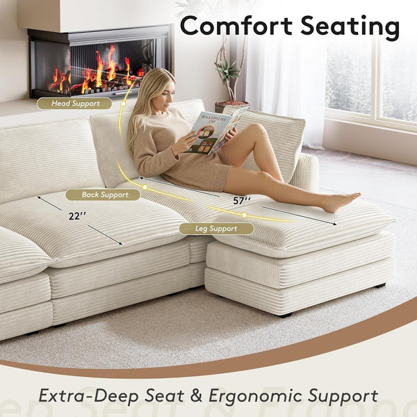 104'' Modular Sectional Cloud Couch with Movable Ottoman, 4 Seat Modern Corduroy Sofa, Deep Seat L Shaped Couch for Living Room Bedroom Apartment, Beige7