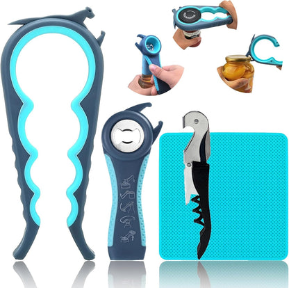 Jar Opener for Weak Hands, Seniors with Arthritis, 5 in 1 Bottle Opener | Multi-Use Lid Opener Set with Non-Slip Rubber Gripper Pad & Wine Opener, Great for Senior Parents, Grandparents or Loved Ones1
