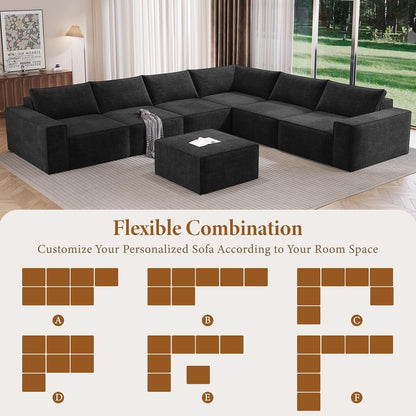 143.7" Large Boneless Sectional Couch, 7 Seater Sofas, Black7