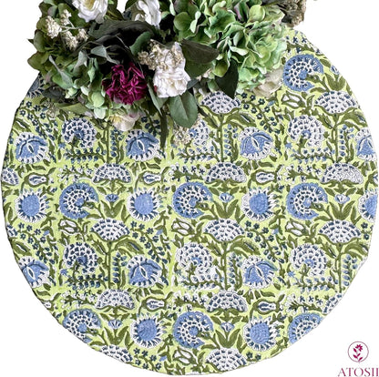 Cotton Blockprint round Tablecloth, Amara Green, 72 Inches7
