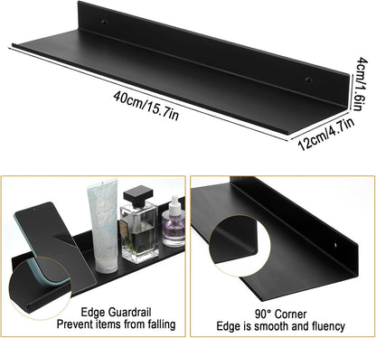 3 Pcs Black Metal Wall Shelf Set, 15.7" Adhesive Rectangular Floating Wall Shelves, Rustproof Waterproof for Bathroom Living Room Kitchen, Rust2