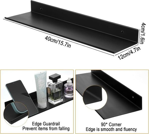 3 Pcs Black Metal Wall Shelf Set, 15.7" Adhesive Rectangular Floating Wall Shelves, Rustproof Waterproof for Bathroom Living Room Kitchen, Rust2