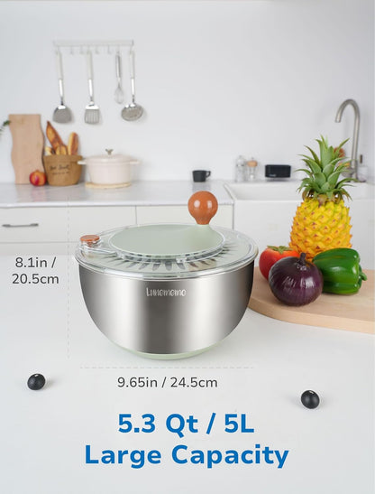 Stainless Steel Salad Spinner, BPA Free, Quick Dry & Stop, 5.3 Qt | Non-Slip Lettuce Veggie Spinner, Drain, Stop Button, Vegetable Fruit Washer, Dishwasher Safe, Also as Serving & Salad Bowl5