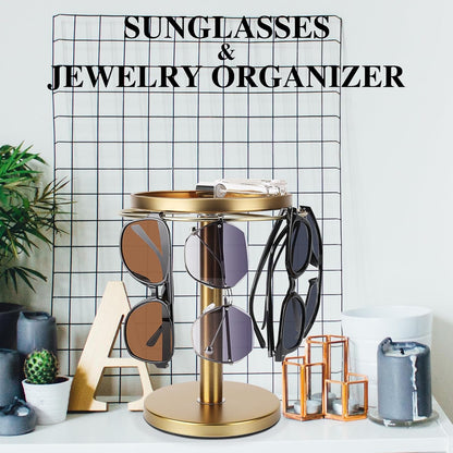 360° Rotating Sunglass Organizer Storage, Stainless Steel Glasses Holder Stand, Glasses Organizer with Tray for Desk, Dresser, Tabletop, Nightstand and Home Decor (Gold) | Stainless Steel Stand with 360 Rotation Holds 9 to 12 Pairs. Top Tray Stores Rings, and Keys for Desk, Dresser, Nightstand3
