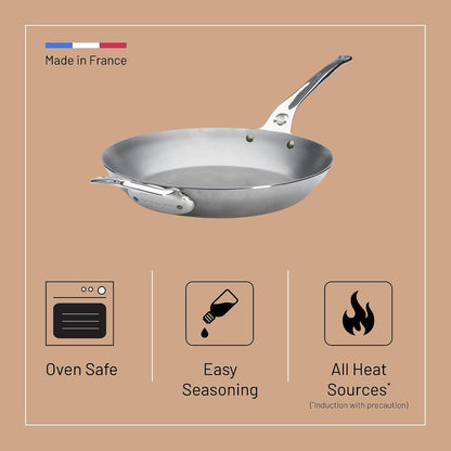 MINERAL B Pro Carbon Steel Country Fry Pan with Helper Handle - 12.5” Diameter, 9” Cooking Surface - Ideal for Sauteing, Simmering, Frying - Naturally Non-Stick Finish - Made in France4