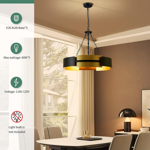26" Industrial Modern Chandelier, 5-Light Black & Gold Drum Pendant2