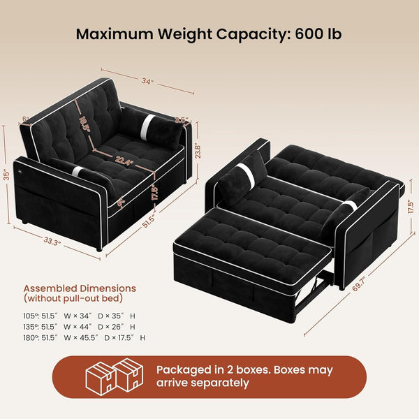 3 in 1 Sofa Bed Convertible Sleeper Sofa with USB Ports, Black3