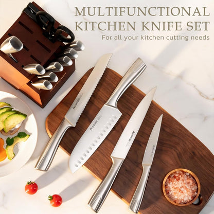 Knife Set, Kitchen Knives Set with Block and Sharpener Full Tang 15 Pcs Stainless Steel Knives, Dishwasher Safe Knife Set with Anti-Slip Ergonomic Handle, Walnut, Fathers Day Gift for Men6