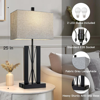 25" Table Lamps Set of 2, Modern Table Lamp for Living Room with 2 USB Charging Ports, Nightstand Geometric Industrial Bedside Lamp with Gray Shade for Bedrooms End Table Decor, Bulbs Included3