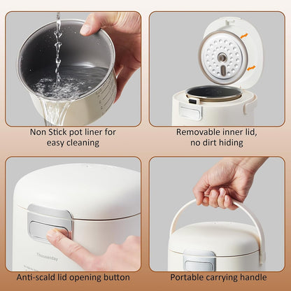 Small Rice Cooker 2 Cups Uncooked, Compact Mini Rice Cooker | for Dorm Travel Office 1-2 Person, 12 Hours Timer Delay & Keep Warm, Beige5