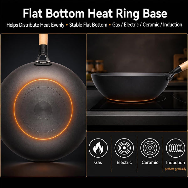 12.6 Inch Carbon Steel Wok Pan with Glass Lid and Spatula, Nitrided Flat Bottom Wok Set, Uncoated Stir Fry Pan for 2-4 Servings, Gas, Electric, Ceramic and Induction Cooktops5