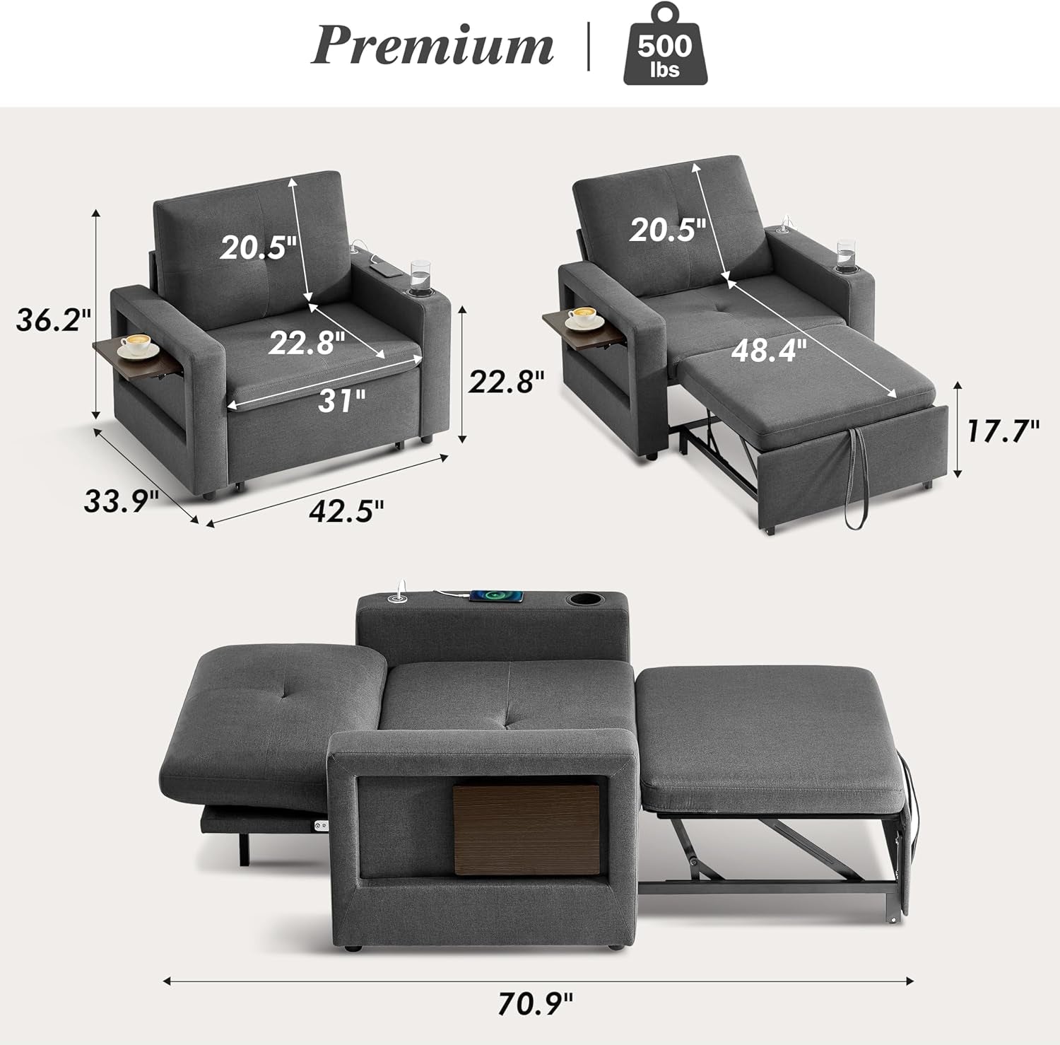 42-5-sleeper-chair-bed-3-in-1-convertible-reclining-sofa-chair-with-pull-out-couch-bed-adjustable-backrest-side-pockets-cup-holder-usb-ports-wing-table-premium-dark-gray