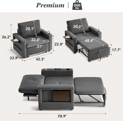 42.5" Sleeper Chair Bed, 3-In-1 Convertible Reclining Sofa Chair with Pull Out Couch Bed, Adjustable Backrest, Side Pockets, Cup Holder, USB Ports & Wing Table, Premium Dark Gray2