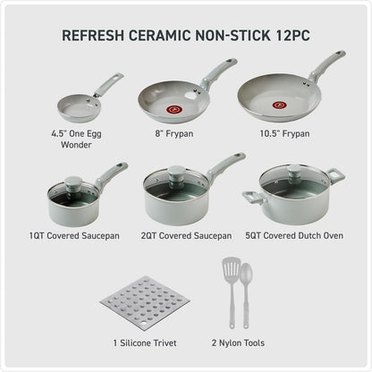 Refresh Ceramic Nonstick Pots and Pans Set, 12-Piece, Moon Grey | Recycled Aluminum Body, Thermo-Spot Heat Indicator, Oven Safe to 350°F, Glass Lids Included, All Cooktops except Induction2