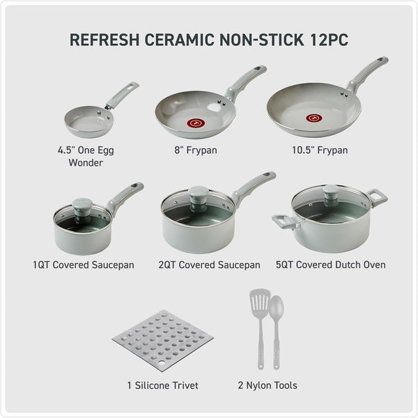 Refresh Ceramic Nonstick Pots and Pans Set, 12-Piece, Moon Grey | Recycled Aluminum Body, Thermo-Spot Heat Indicator, Oven Safe to 350°F, Glass Lids Included, All Cooktops except Induction2