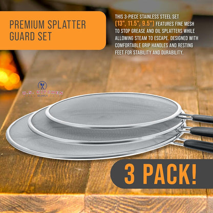 3-Piece Stainless Steel Splatter Guard Set (13", 11.5", 9.5") Fine Mesh Cover, Grease & Oil, Splatter Screen for Frying Pan, Cooking Pots, with Resting Feet & Comfort Grip Handles3