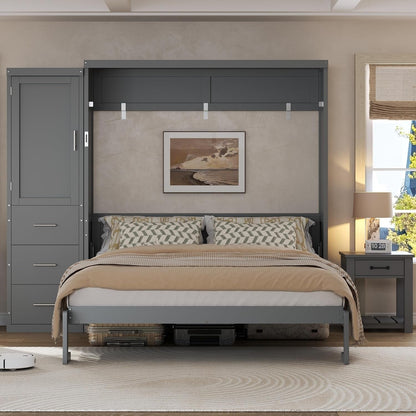 Queen Murphy Bed with Storage Drawers and Wardrobe,Solid Wood Farmhouse Horizontal Murphy Wall Bed Cabinet with Drawers for Bedroom Office Guest Room, Foldable (Queen,Gray)3