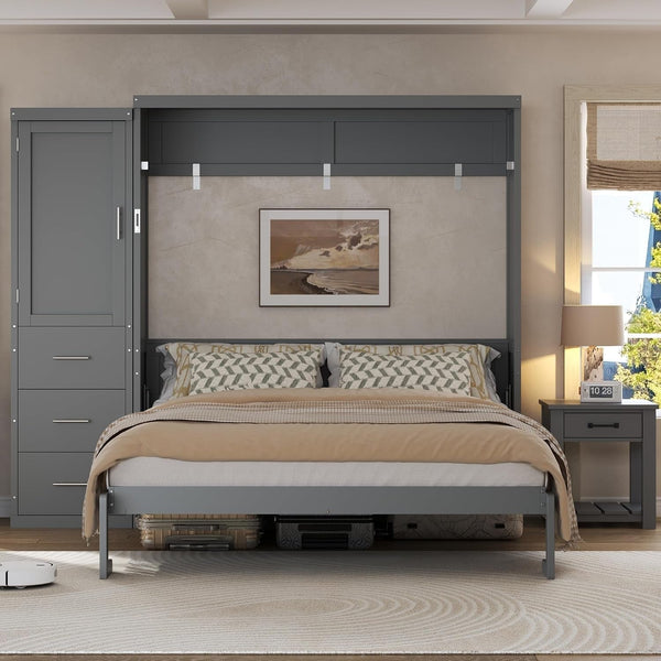 Queen Murphy Bed with Storage Drawers and Wardrobe,Solid Wood Farmhouse Horizontal Murphy Wall Bed Cabinet with Drawers for Bedroom Office Guest Room, Foldable (Queen,Gray)3
