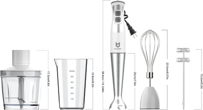 Immersion Hand Blender with Chopper - Puree Baby Food, Sauce & Soup | 8-Speed, Pure Copper Winding Motor, 5.2 Feet Power Cord, 4-Point Ice Crush Blade, 500Ml Chopper, 600Ml Vessel, Whisk, Frother6