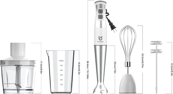 Immersion Hand Blender with Chopper - Puree Baby Food, Sauce & Soup | 8-Speed, Pure Copper Winding Motor, 5.2 Feet Power Cord, 4-Point Ice Crush Blade, 500Ml Chopper, 600Ml Vessel, Whisk, Frother6