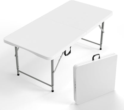4 FT Plastic Folding Camping Table,3-Level Adjustable Height, Portable In/Outdoor Party Picnic Dining Desk, Garden Soccer Multipurpose Entertaining Activities，White1