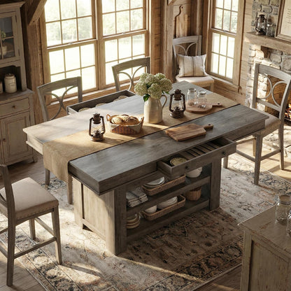 Counter Height Dining Table with 2 Drawers, 36" Farmhouse Wooden Large Bar Kitchen Table with Wine Rack & 3 Shelves, Rectangular, Thick Frame for Kitchen, Bar & Entertaining, Retro Gray3