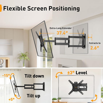 Long Arm TV Wall Mount for 32-65″ Tvs, 37.4” Long Extension | Max VESA 400X400Mm, Corner TV Mount with Articulating Arms, Full Motion Wall Bracket with Swivel and Tilt, Holds to 110 Lbs5