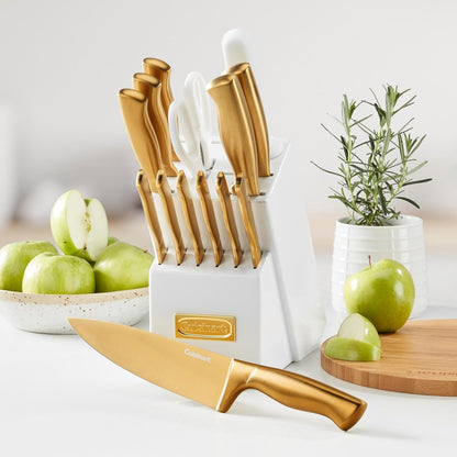 Professional Block Knife Set, 15Pc Cutlery Knife Set with Steel Blades for Precise Cutting, Lightweight, Stainless Steel, Durable & Dishwasher Safe (White/Gold)3