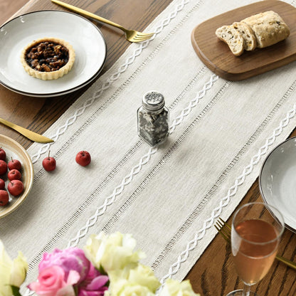 Beige Rustic Cotton Linen Table Runner, Seasonal Embroidered Hollow Kitchen Dining Table Decoration for Home Party Decor 13X72 Inch4