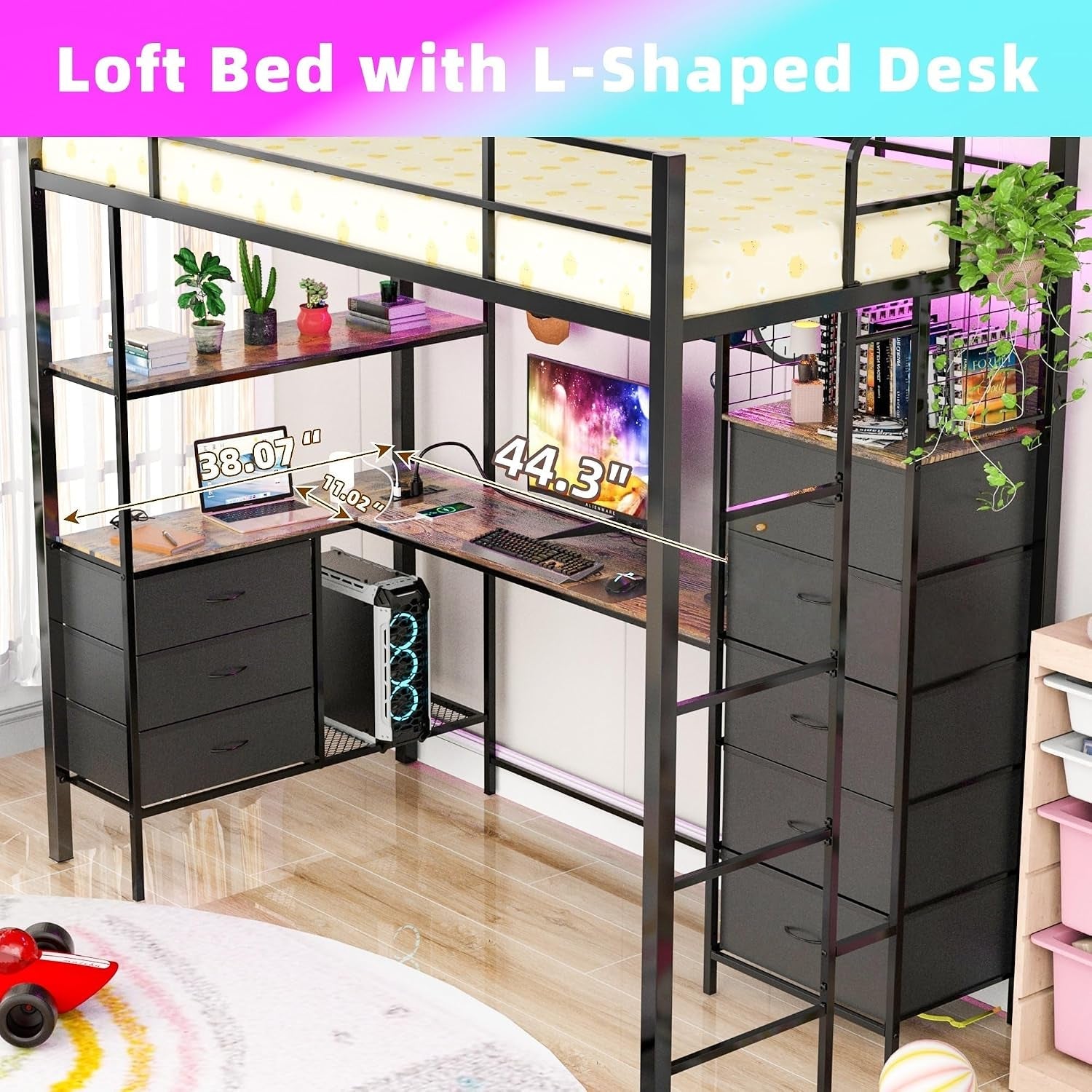 twin-size-loft-bed-with-l-shaped-desk-rgb-led-lights-power-outlet-metal-loft-bed-frame-with-8-fabric-drawers-open-shelves-hanging-hooks-gaming-for-teens-kids-bedroom-black