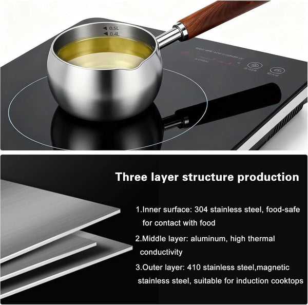 17Fl Oz (500Ml) Stainless Steel Mini Pot Butter Warmer, Milk and Coffee Heater, Seafood Butter Warmer, Chocolate Melting,With Pour Spout and Wooden Handle,Induction Cooker Available5